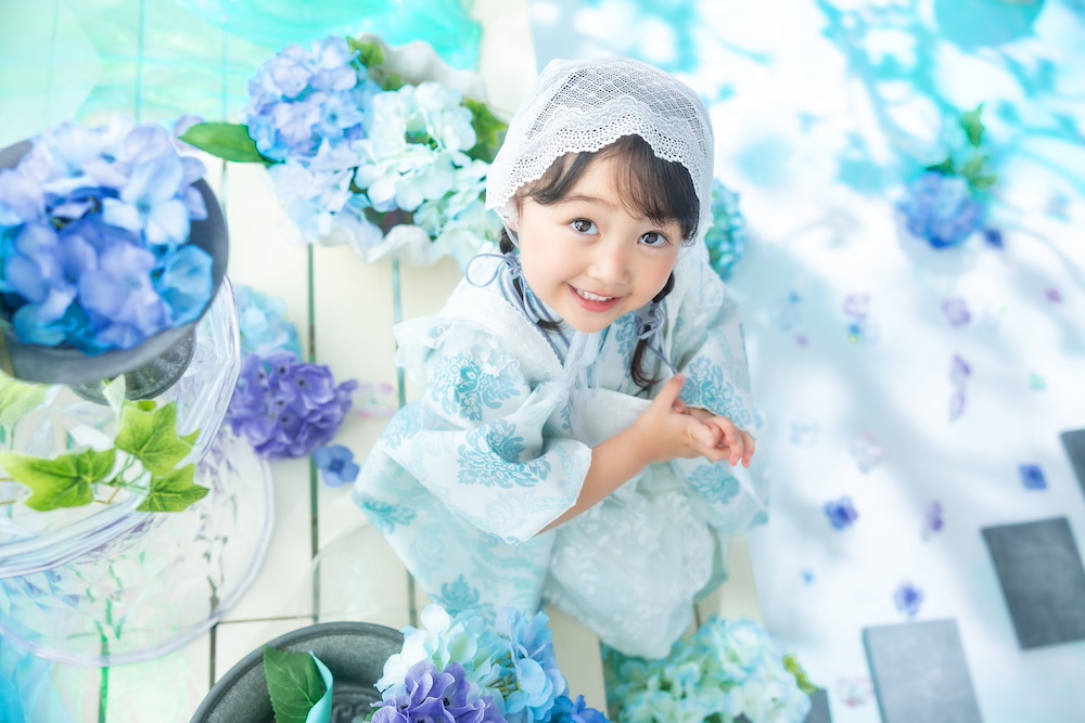 ７５３　札幌　水色　着物　お被布　レース　女の子
紫陽花