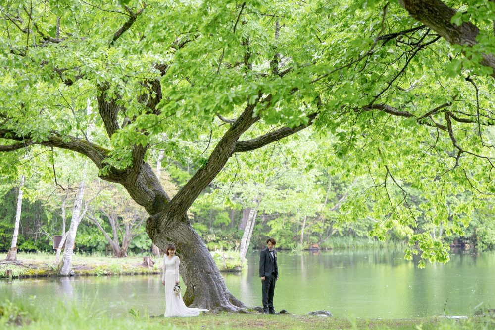 新緑の鳥沼公園の大きな木の下に立つふたり